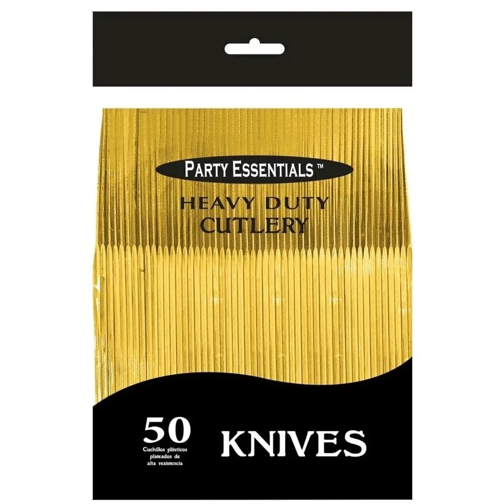 Party Essentials 50 Gold Heavy Duty Plastic Knives – Disposable Cutlery